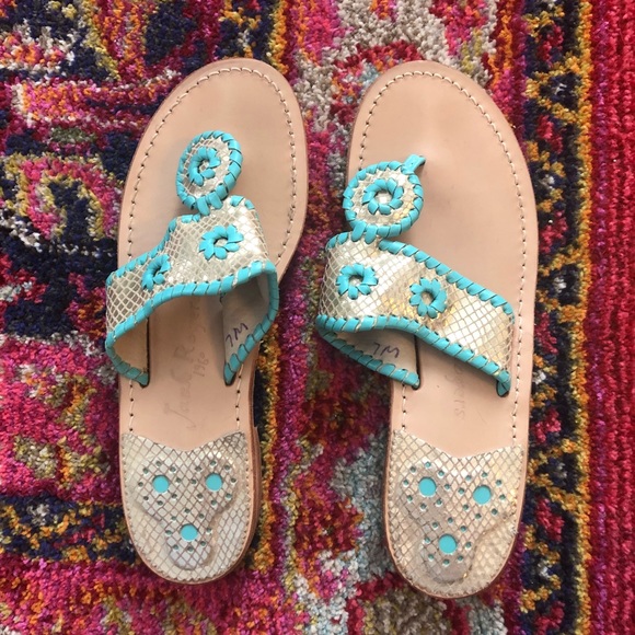 Jack Rogers Gold + Aqua Sandals - Picture 1 of 3